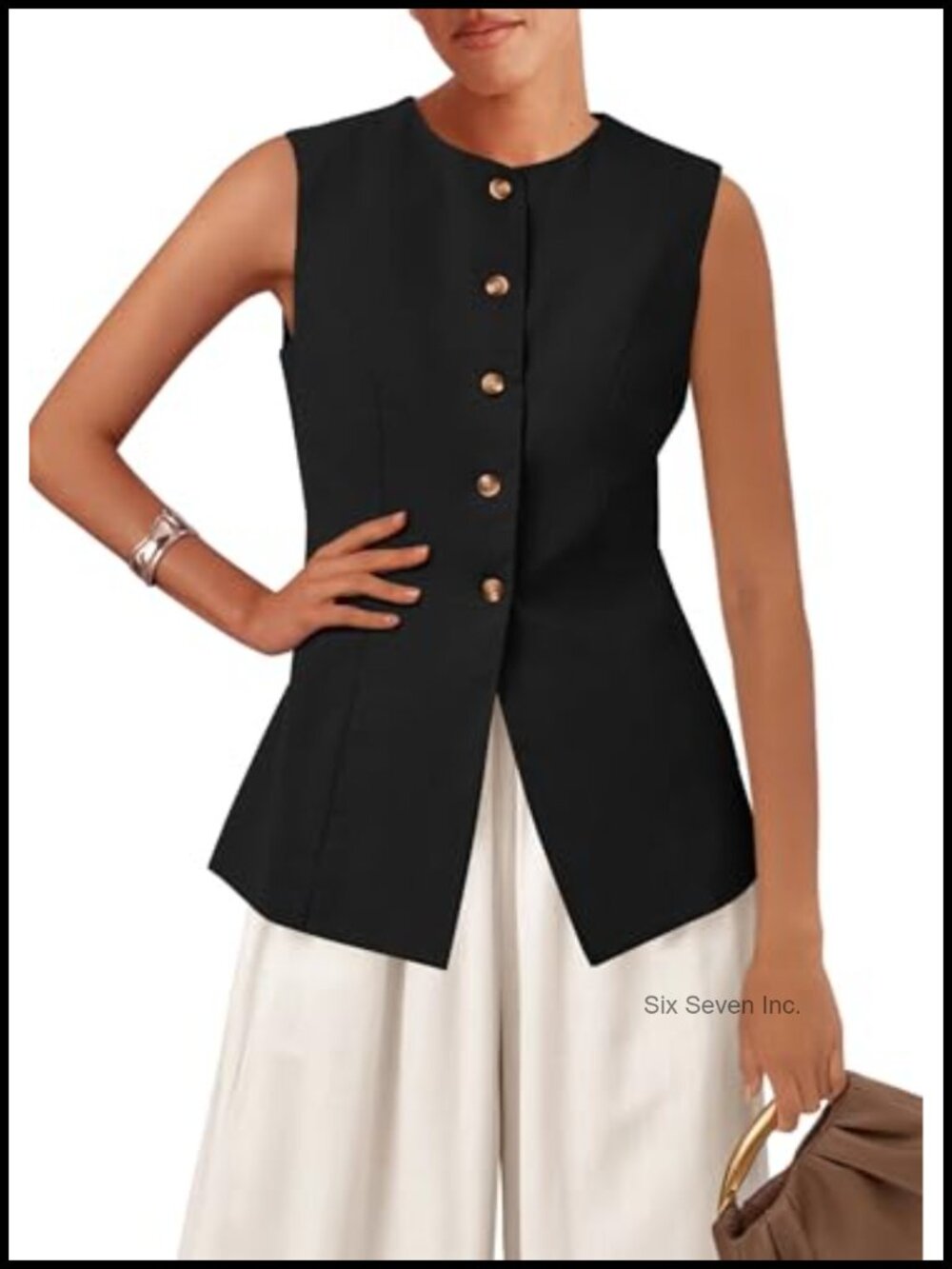 Sleeveless Button Down Vest Top with Cinching Buckle